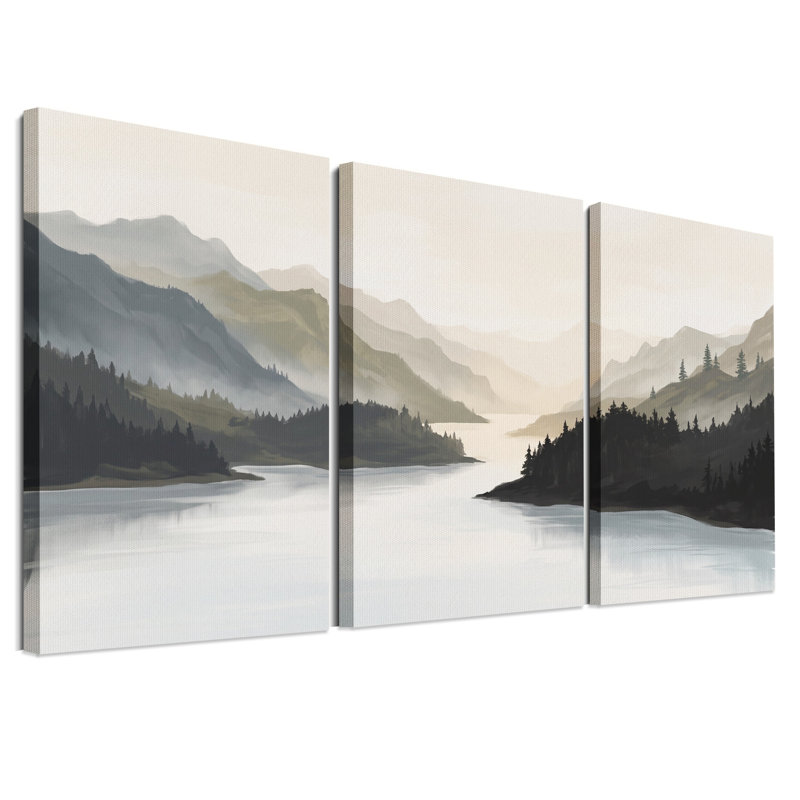 «Misty Mountain River with Pine Trees», ensemble de 3 toiles murales, H 30 po x l 20 po x 3 pièces