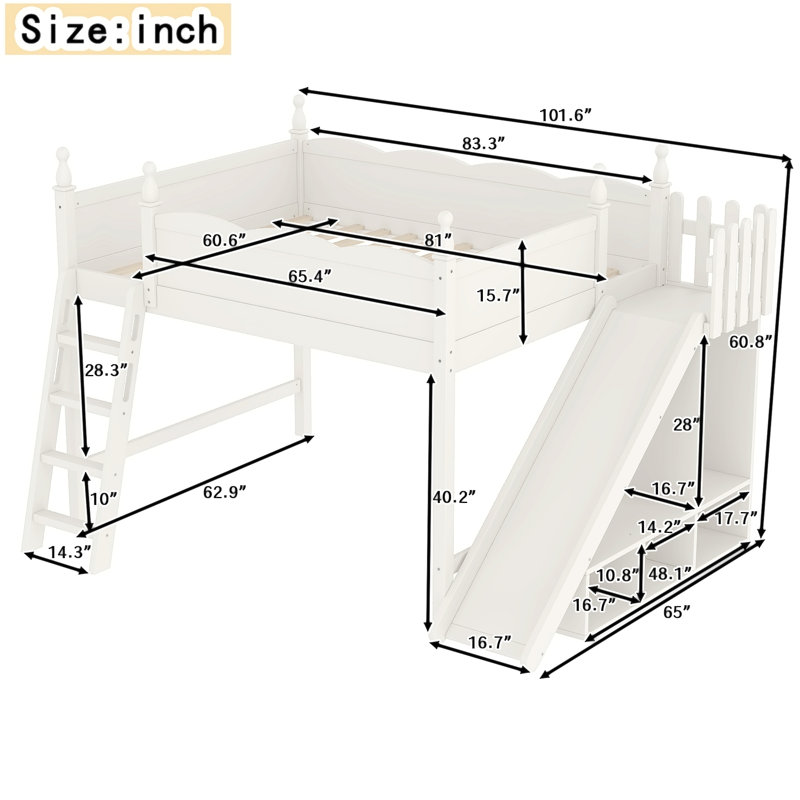 Lit mezzanine avec tablettes de rangement et petite armoire, lit mezzanine en bois avec glissière amovible et échelles
