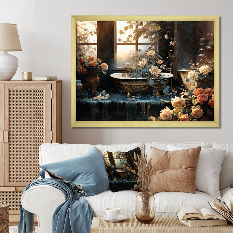 Baignoire fabriquée en or - Reproduction d'art mural, H 24 po x l 32 po x P 1 po, Encadrement doré