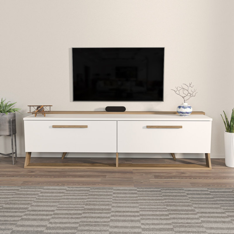 Meuble télé moderne blanc et noyer, 64,4 x 18,4 x 14,4 pouces | 100% panneau de particules enduit de mélamine, épaisseur: 0,7 pouce | Design scandinave élégant, parfait pour le salon et les espaces de divertissement