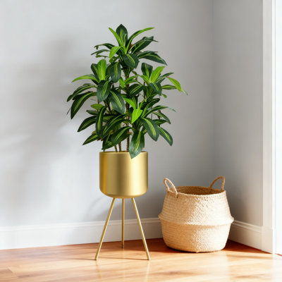 Mid-Century Modern Metal Flower Pot With Stand, Gold Floor Planter For Indoor And Outdoor Plants Like Orchids And Aloe Vera, 8.5 Inch Wide, 18 Inch Ta by Mercer41