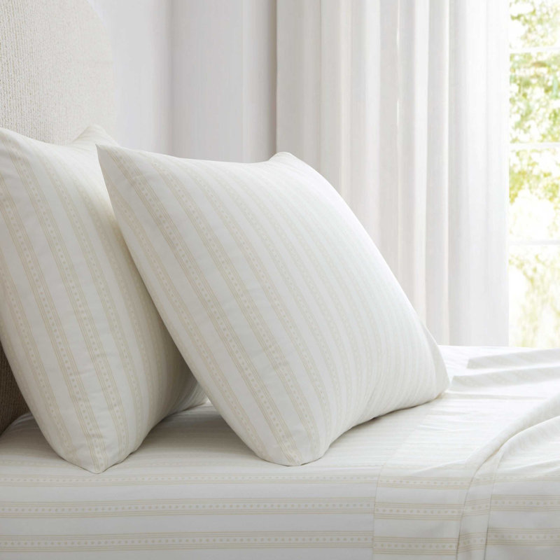Martha Stewart Cotton Percale  Sheet Set, Queen Sheet Set with 2 Pillowcases, Francesca Stripe Beige