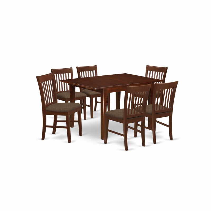 Ensemble de table de salle à manger 7 pièces composé d'une table de salle à manger rectangulaire avec rallonge papillon et 6 chaises de salle à manger en tissu de lin, acajou