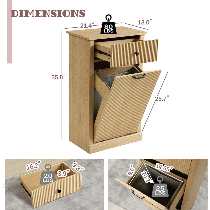 35.8" H Tilt Out Laundry Hamper Cabinet, Modern Fluted Trash Can Cabinets With Drawer, Wooden Hidden Garbage Cabinet For Kitchen And Bathroom
