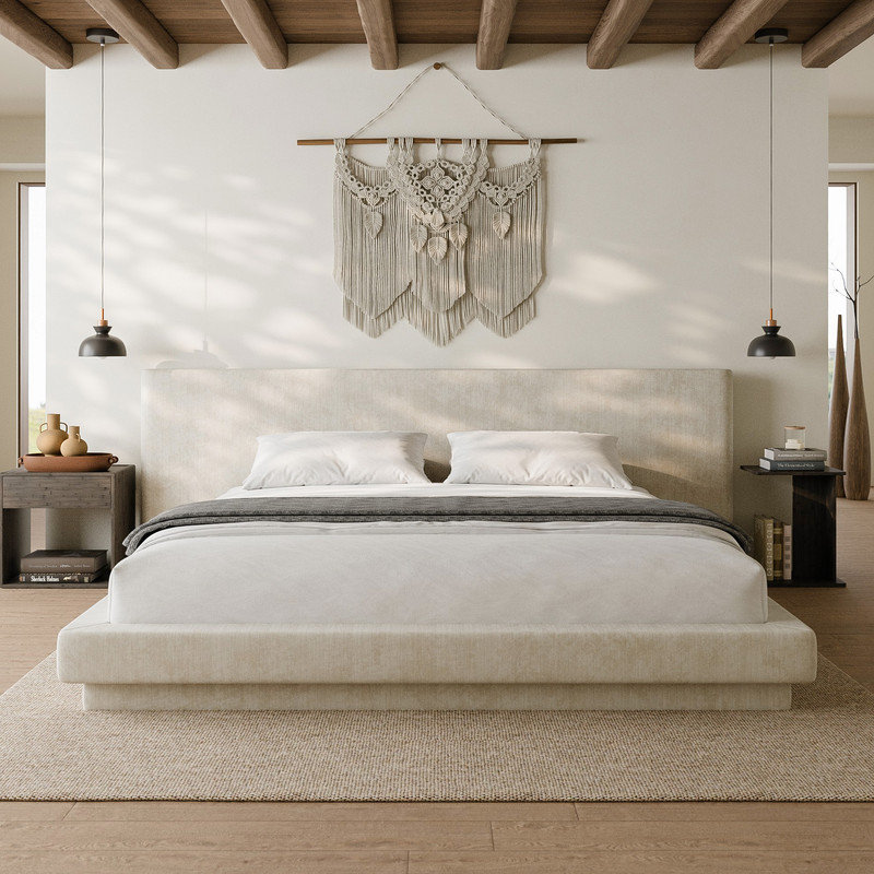 Structure de lit plateforme double en chenille beige avec tête de lit extra large et rembourrage en mousse de style flottant