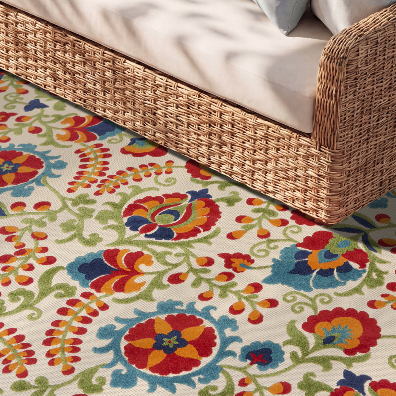 Tapis intérieur/extérieur Bernia floral ivoire/rouge/vert, Rectangle 9 pi x 12 pi