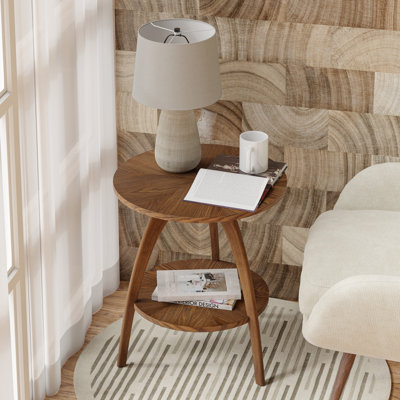 Table de bout ronde en bois avec tablette de rangement Farmhouse