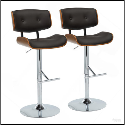 Tabouret de bar réglable avec pivot en métal chromé, bois de noyer et similicuir espresso avec repose-pieds droit en T - ensemble de 2