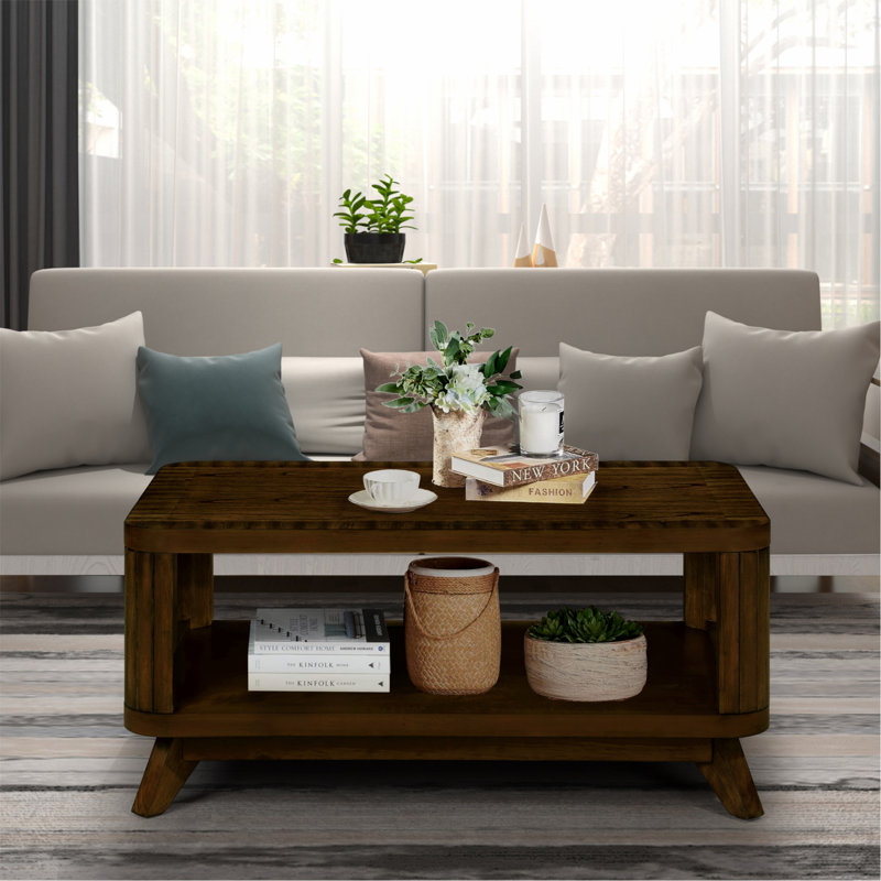 Dralith 41.5" Solid Wood Coffee Table With Open Storage Shelf, Walnut