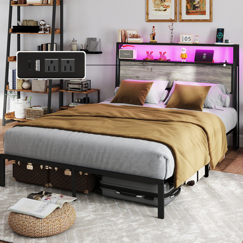 Hugo Modern Platform Bed Frame with 2-Tier Wood Storage Headboard LED Lights and Charging Station, Queen, Rustic Gray