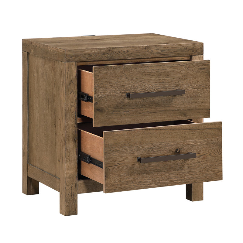 Table de chevet brune moderne avec charge intégrée, lignes épurées, idéal pour la chambre à coucher 2 tiroirs, moyeu électrique, glissières à roulement