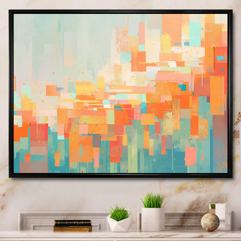 Réalités brisées orange et vertes sur toile, Cadre flottant noir, H 24 po x l 32 po x P 1 po