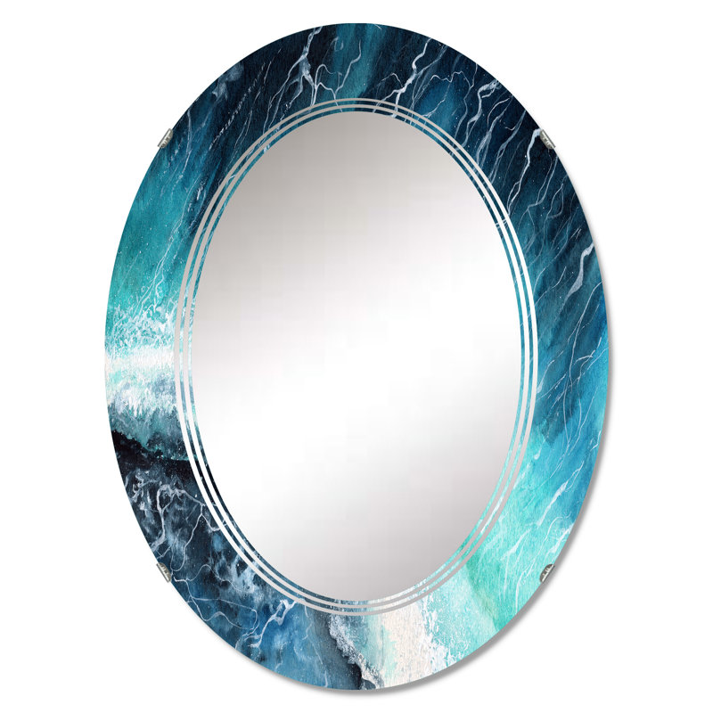 Vagues de l'océan bleu marine avec écume de mer blanche I - miroir mural nautique et côtier ovale, 30 po x 20 po