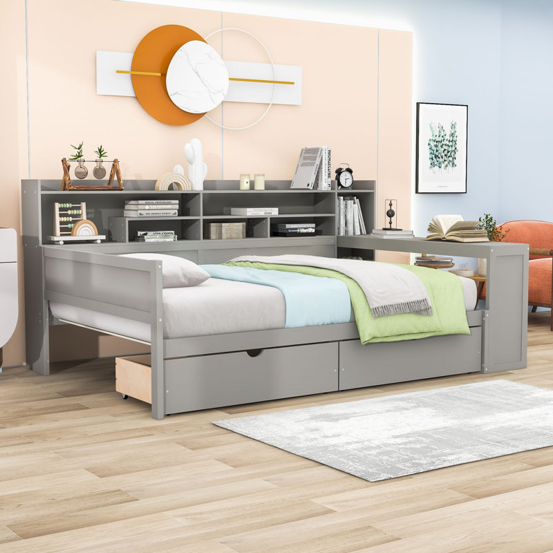 Multifunctional Wooden Daybed with Built-in Desk, Side Storage Shelves and Drawers, Full, Gray