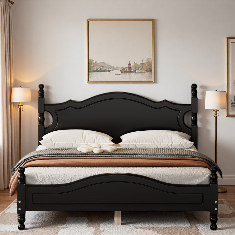 Lit plateforme de style rétro avec support en lattes de bois, Noir, noir, noir, noir, Grand lit