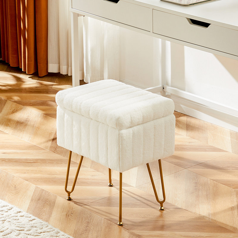 Tabouret de coiffeuse moderne avec 4 pieds en métal et rangement, repose-pieds multi-usage pour chambre de maquillage, Blanc