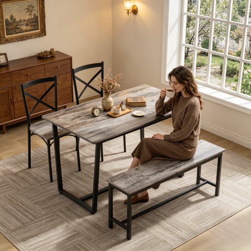 Ensemble de table et de chaises quatre pièces avec dossier, style industriel, structure solide, Grey