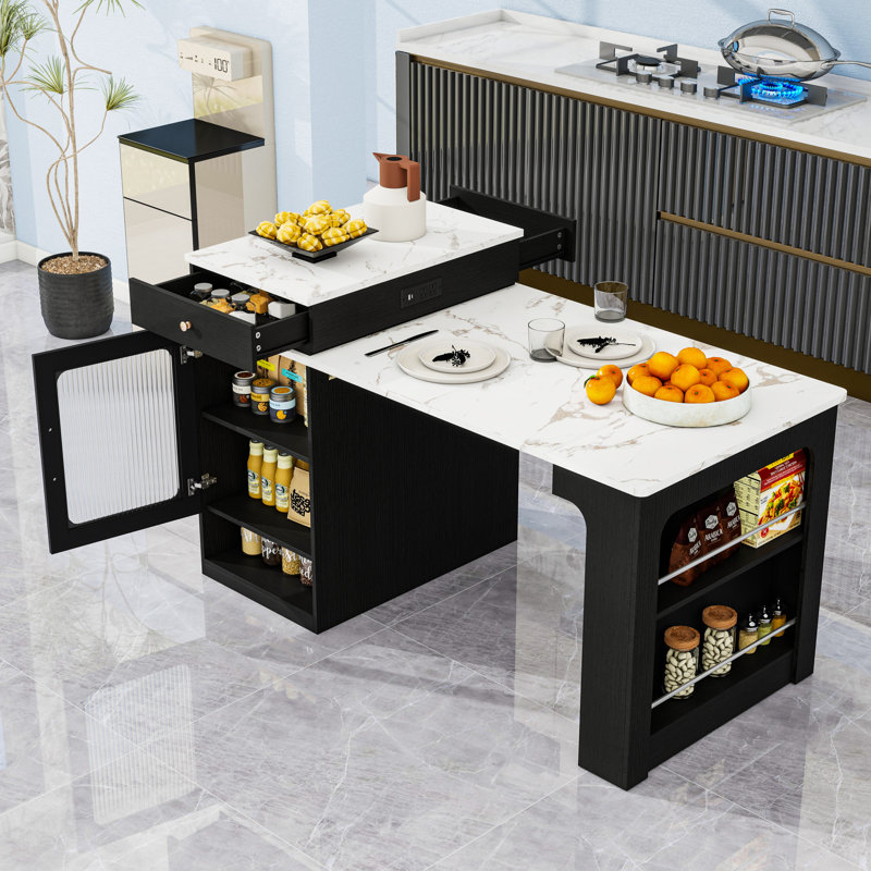 Îlot de cuisine avec table de salle à manger extensible, 2 tiroirs, prise de courant et tablettes latérales ouvertes, Noir
