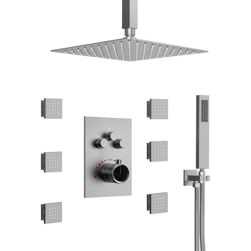 Ceiling Mounted Thermostatic Shower System ,  Square Shower Faucet Set with 12-Inch Shower Head & Handle Set, Valve Trim Kit