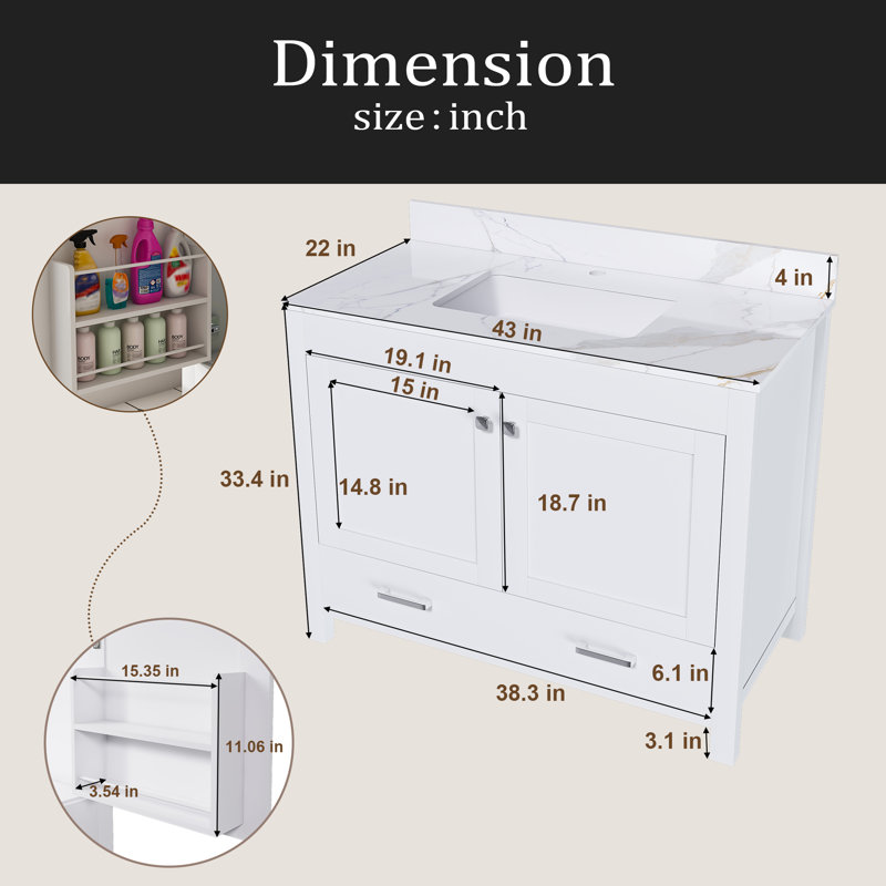 Ensemble de meuble-lavabo moderne de 43 po avec ensemble de couleurs Karalakin en marbre artificiel, armoire de salle de bain multifonctionnelle avec portes et tiroir, cadre solide et panneau de fibres à densité moyenne (trois trous de robinet)