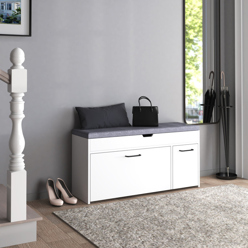 Hinze Polyester Upholstered Storage Bench, Grey/White