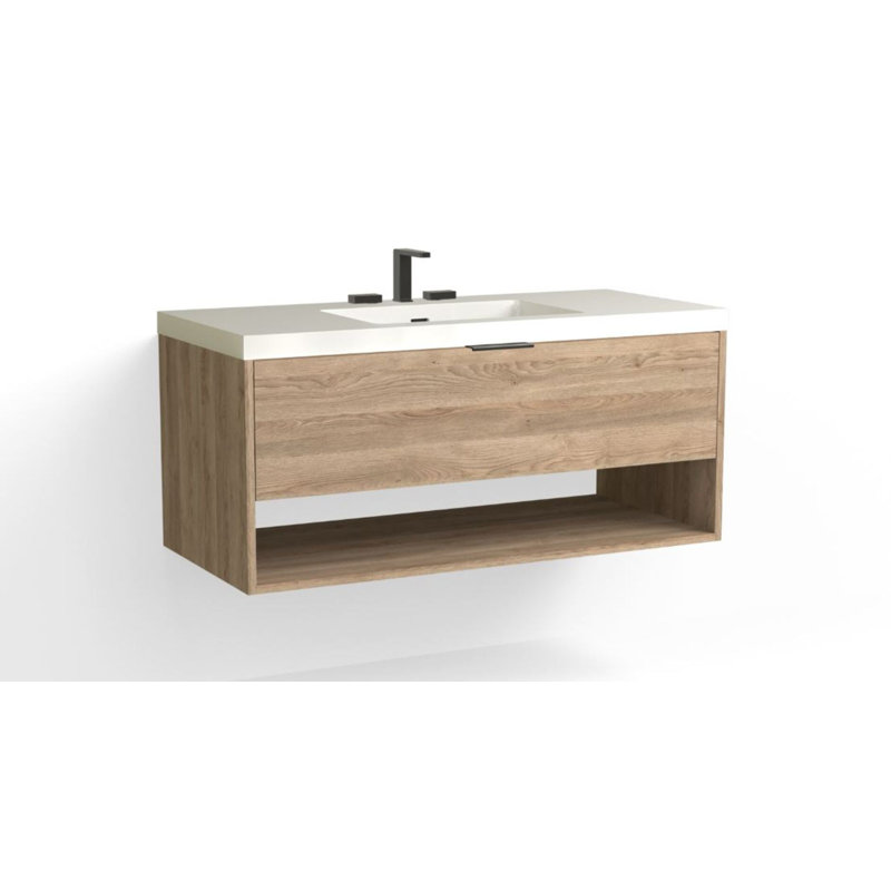 Modo 48" W Wall Mounted Single Bathroom Vanity, Glossy White/8" Widespread, Matte Black, White Acrylic