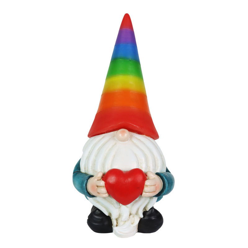 Solar Rainbow Hat Garden Gnome with Heart, 6 x 12.5 Inches