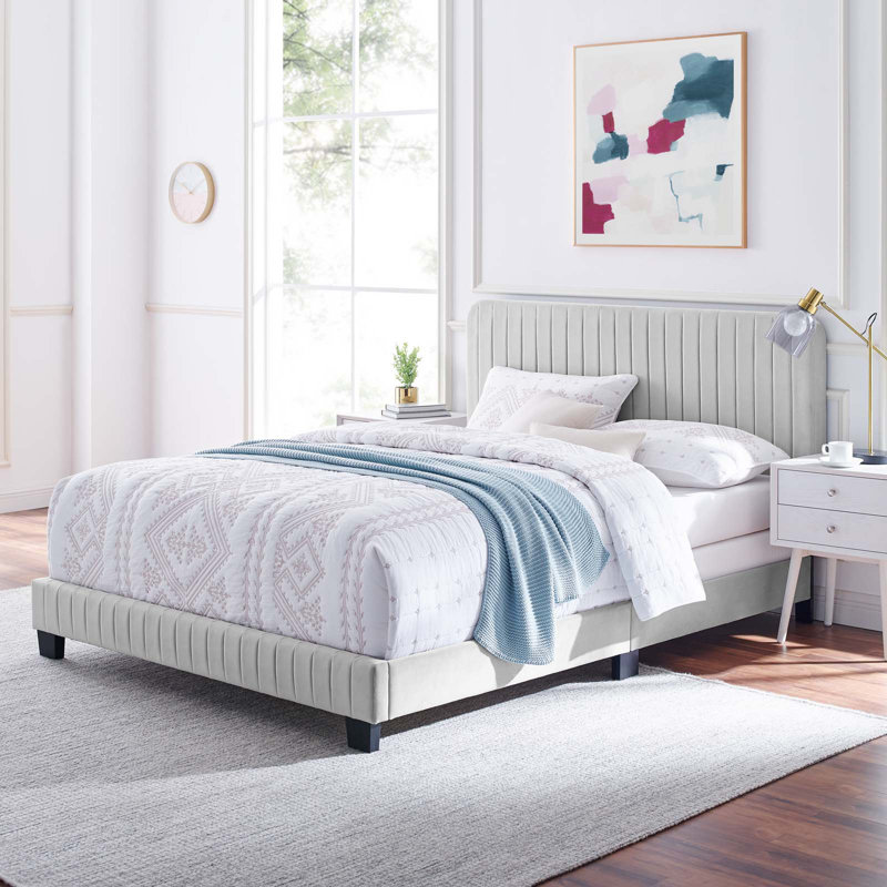 Celine Channel Tufted Performance Velvet Bed, Light Gray, King