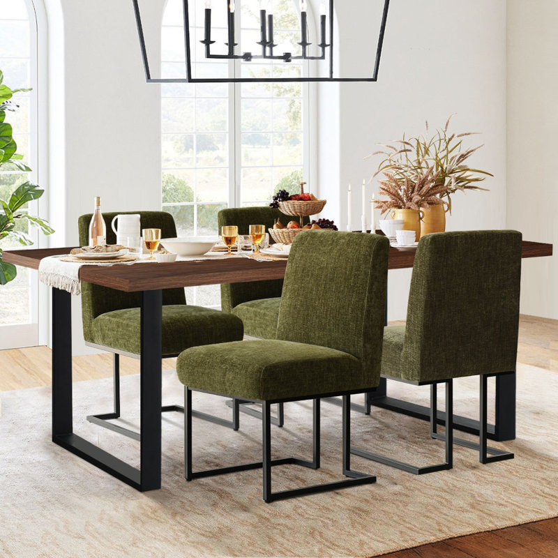 Cederick 4-Person Dining Set with Rectangular Table, Green, Walnut