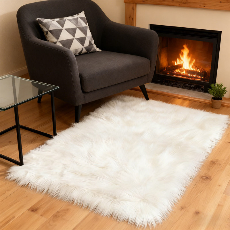 Plush Faux Sheepskin White Rug, Rectangle 2' x 3'