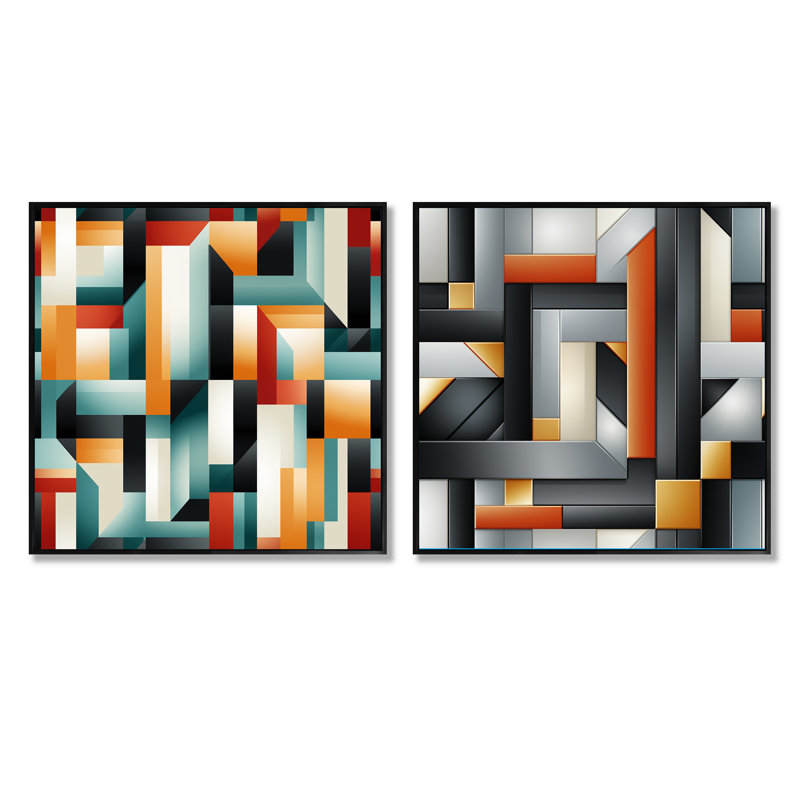Crusado - Ensemble de 2 collages carrés à formes abstraites, Cadre flottant noir, H 16 po x l 33 po