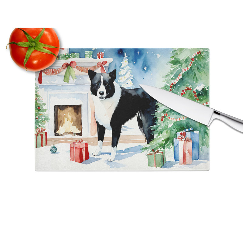 Karelian Bear Dog Cozy Christmas Glass Cutting Board Large