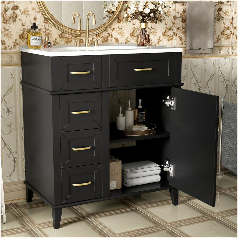 Meuble-lavabo de 30 pouces avec lavabo en céramique, tablette réglable, porte à fermeture en douceur et trois tiroirs à fermeture en douceur