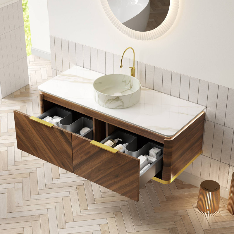 Meuble-lavabo de 48 po avec lavabo, armoire de rangement en contreplaqué flottant, tiroirs avec poignée et capteur de lumière, vasque en céramique à motif de pierre et plateau en pierre frittée, pré-assemblé