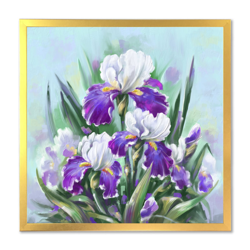 Fleurs et iris mauves en fleurs, H 16 po x l 16 po x P 1 po, Impression dorée sur toile encadrée