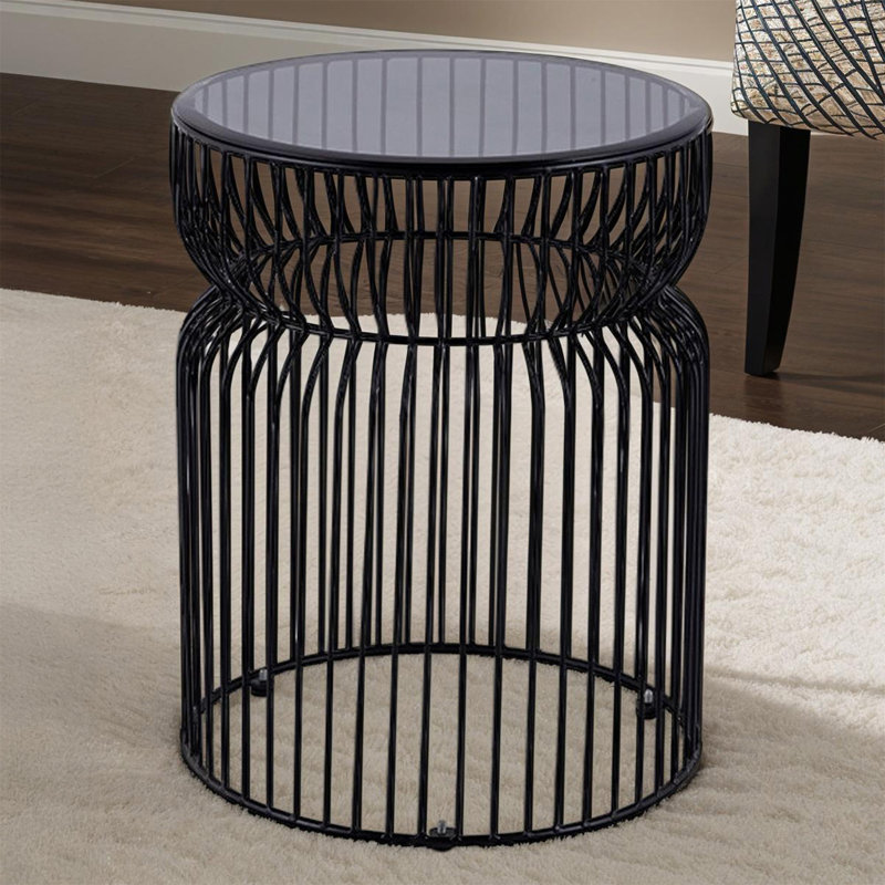 Table de bout ET901 moderne avec emboîtement métallique moderne et plateau en verre trempé teinté, hauteur de 21 po, table d'appoint pour le salon, noir
