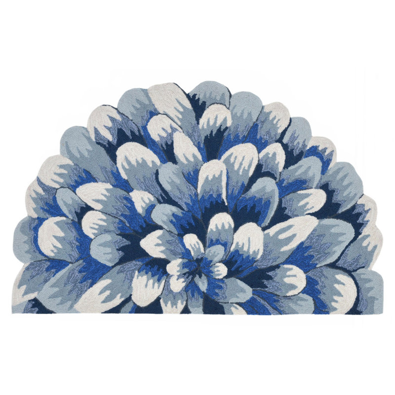 Ismay Floral Polyester Water Resistant Kitchen Mat, Round 5', White/Blue