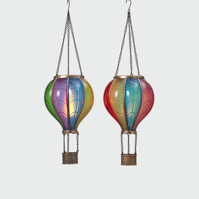 Ensemble de 2 lanternes de montgolfières éclairées à l'énergie solaire - Décoration de jardin en verre suspendue colorée de 17,72 pouces