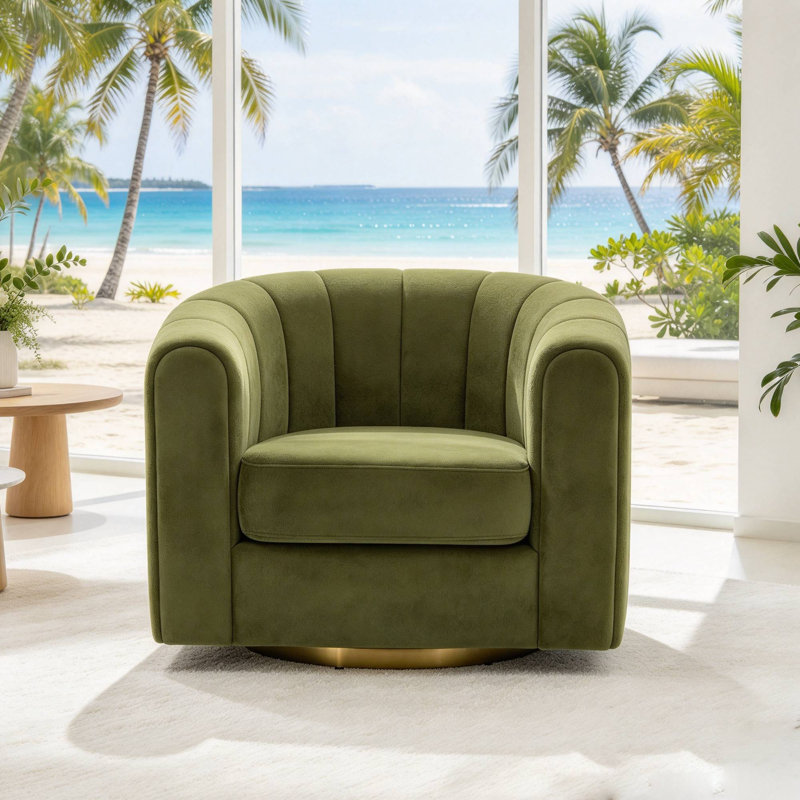 Fauteuil pivotant à 360° de 91 cm (35,83 po), en velours côtelé vert olive capitonné, livré entièrement assemblé, idéal pour le salon ou la chambre.