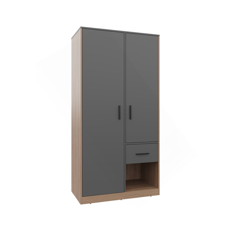 Armoire H 70,9 po, 2 portes, 1 tiroir, 2 tablettes, gris mat / chêne naturel - Chambre