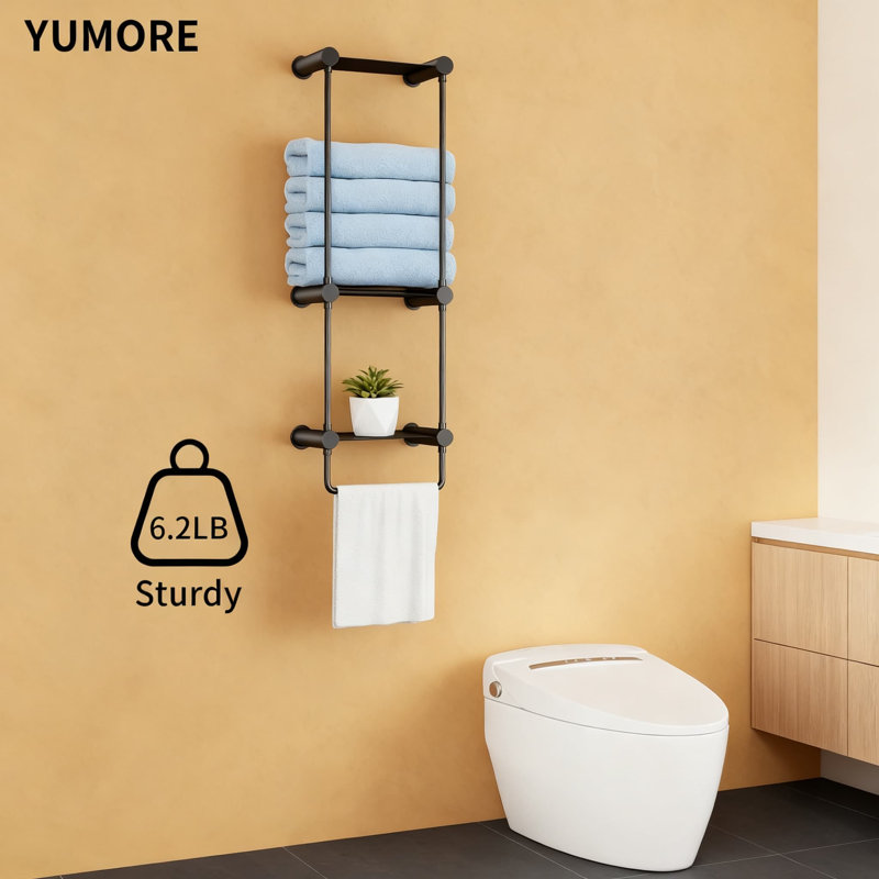 Porte-serviettes mural à 3 niveaux avec tablette et barre à serviettes, rangement moderne pour serviettes de salle de bain et organisateur pour économiser de l'espace