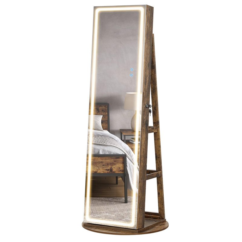 LED Mirror Jewelry Cabinet Standing, Lockable Jewelry Armoire with Full-Length Mirror and Adjustable LED Lights, Rustic Brown