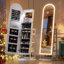 LED Mirror Jewellery Cabinet Standing, Lockable Jewellery Armoire with Arched Full-Length Mirror and Adjustable LED Lights, Space-Saving Jewellery Organizer with Mirror(White)