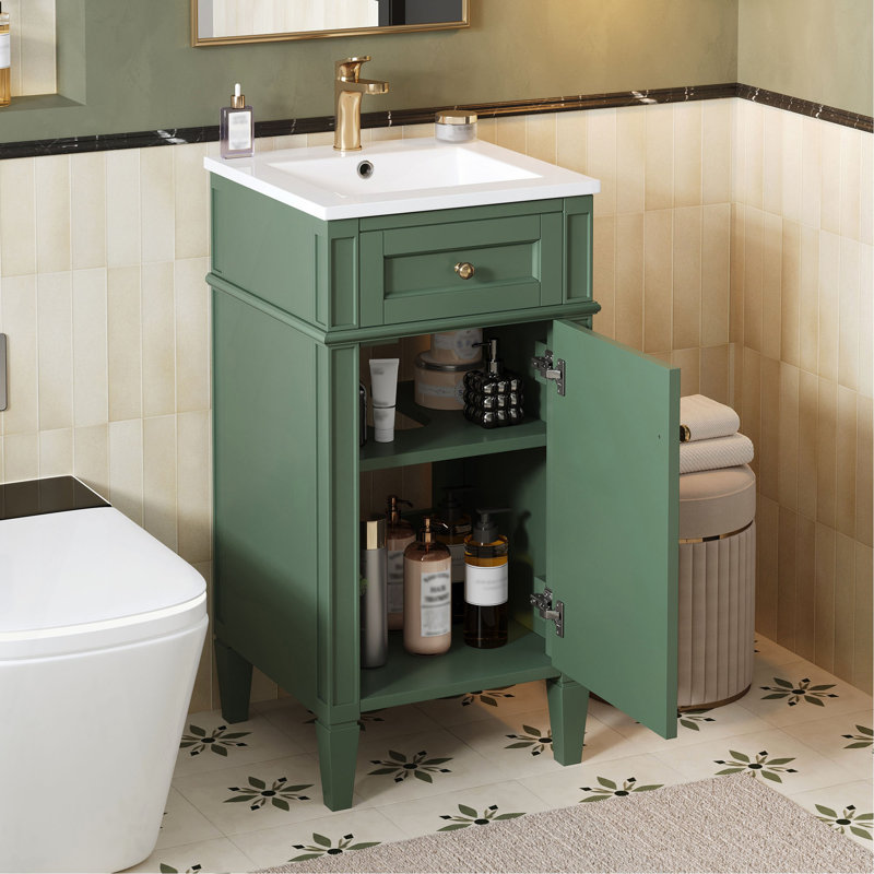 Meuble-lavabo de 40 cm (16 po) avec lavabo en céramique, meuble-lavabo simple autoportant avec porte à fermeture amortie, tablette réglable, style français, pieds robustes