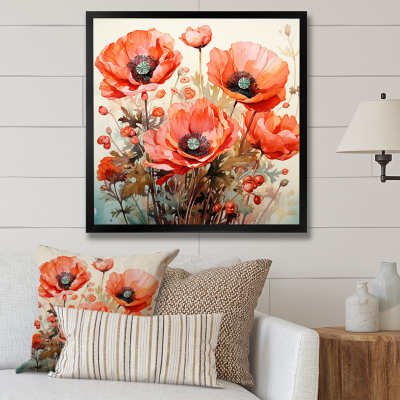 Red Serene Poppy Meadows I - Art mural coquelicot, H 16 po x l 16 po x P 1 po, Toile tendue