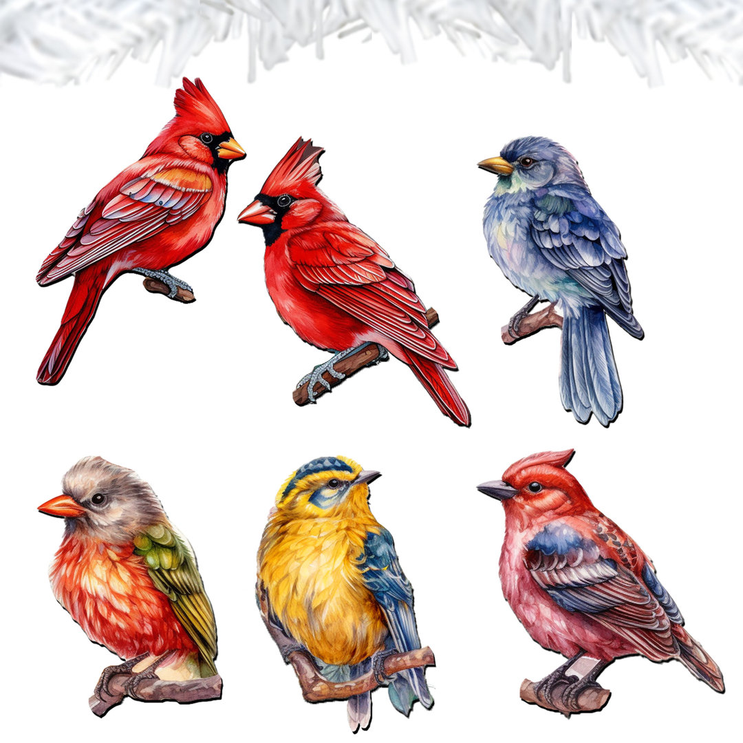 6 Piece Winter Birds Decorative Wooden Clip-on Ornaments by G. Debrekht Designocracy