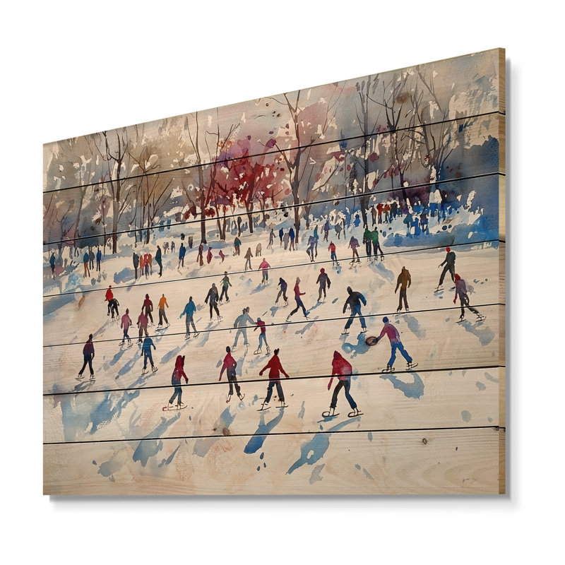 Glace sur glace, paysage d'hiver I - reproduction traditionnelle de bois rouge sur bois de pin naturel, H 24 po x l 32 po