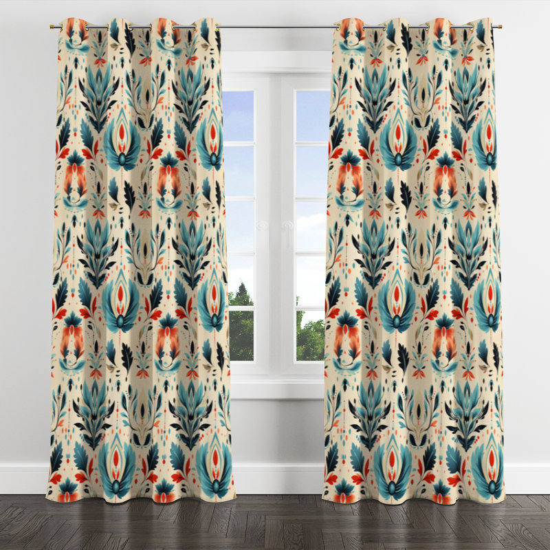 Bleu sarcelle et beige Ikat Mosaic Fusion - rideau occultant avec œillets Ikat - 1 panneau, L 52 po x L 108 po, Œillets dorés