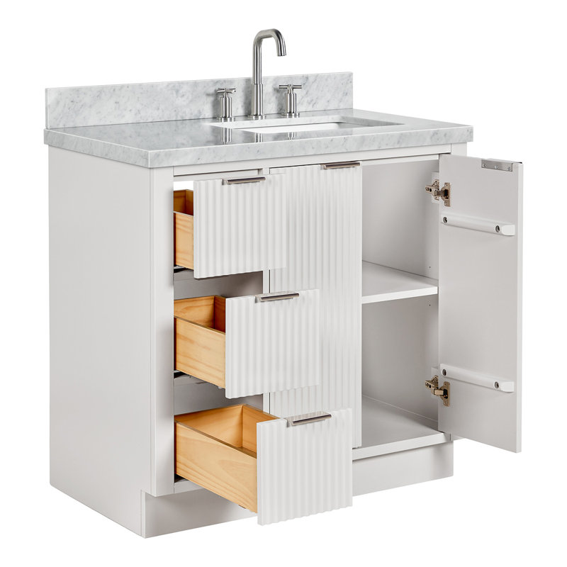 Meuble-lavabo simple 36 po en bois massif avec plateau en marbre de Carrare 1,5 po, évier droit et rectangulaire, Oui