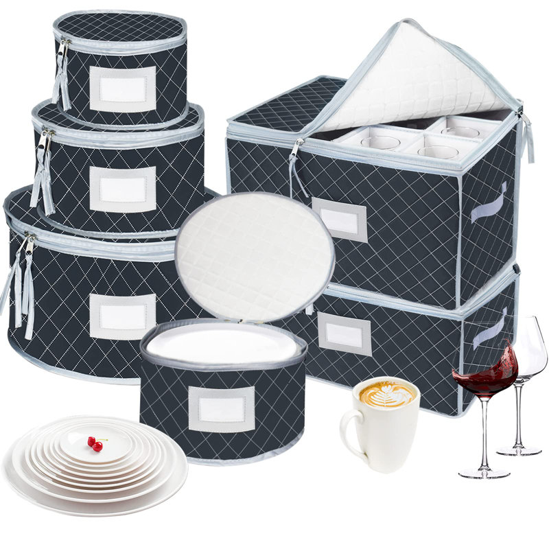 Dinnerware Storage Containers Set- Dish,Mug,Stemware Storage Cases - Quilted Box Bins Stackable With Divider,Set Of 6, Grey